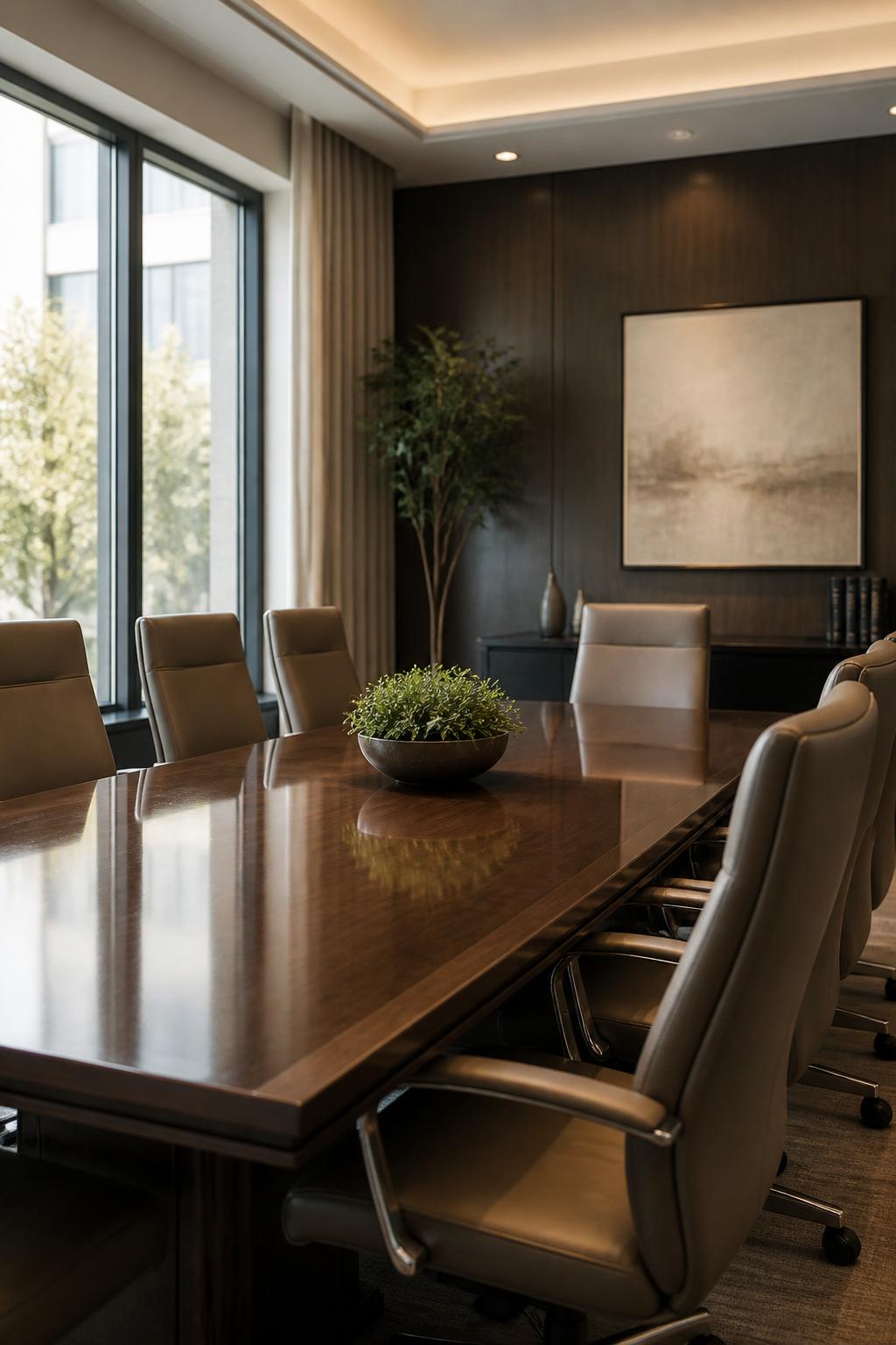 Modern law conference room with warm neutral finishes.