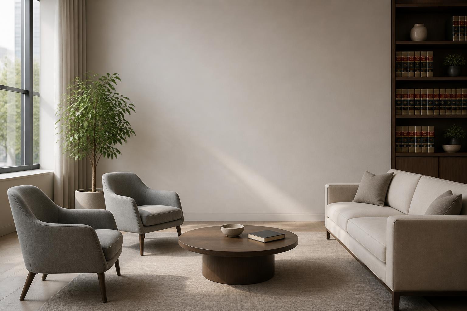 Calm modern consultation room with open space for text.