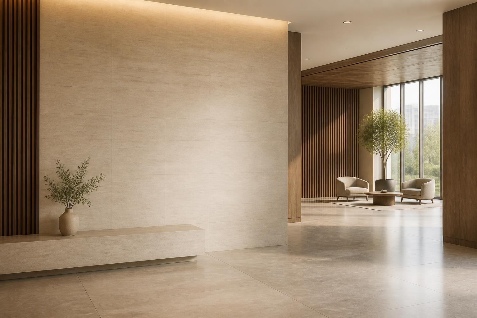 Modern law office lobby with wood and stone finishes.